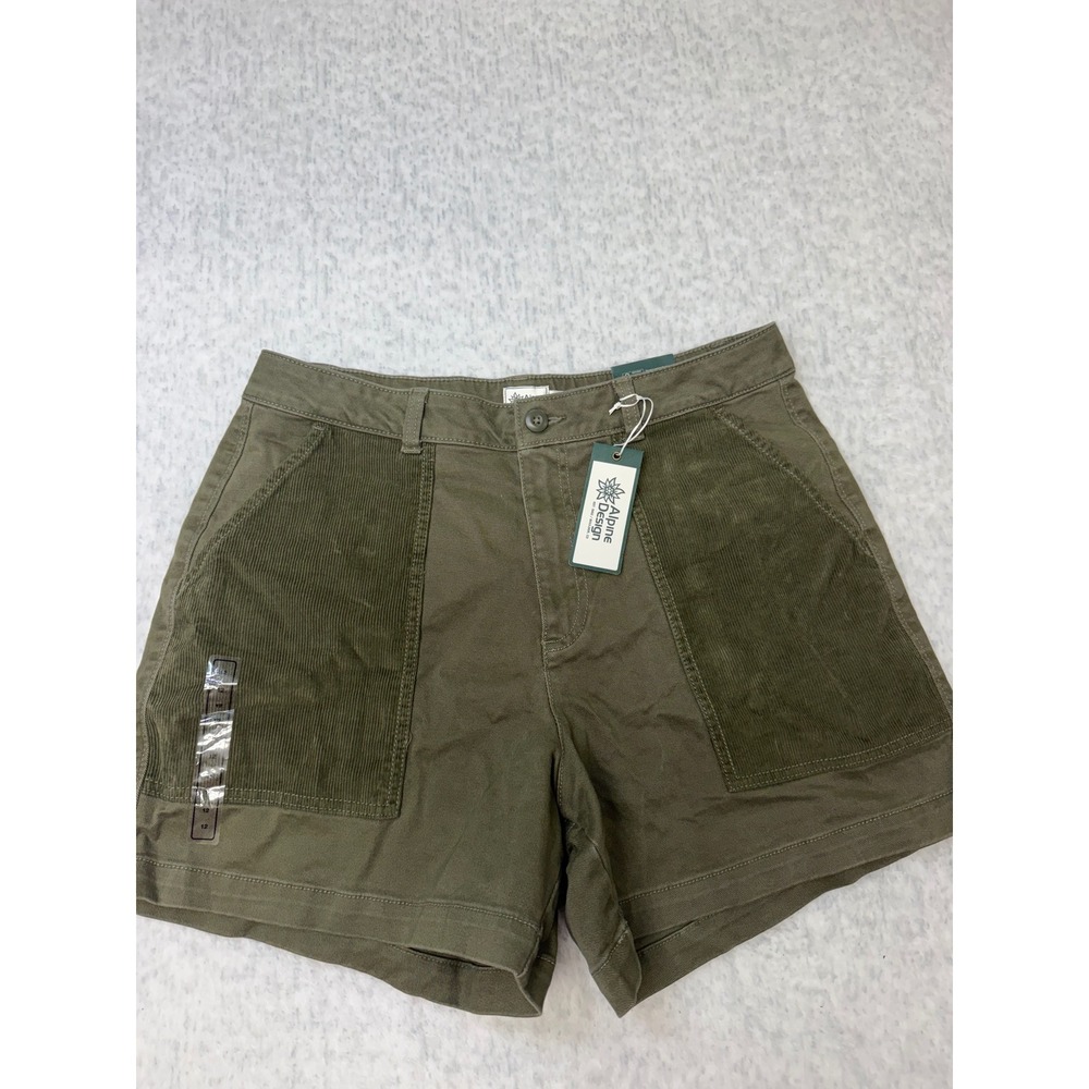 Alpine Design Womens Mixed Fabric Shorts Vintage Olive Green Corduroy Twill 12..